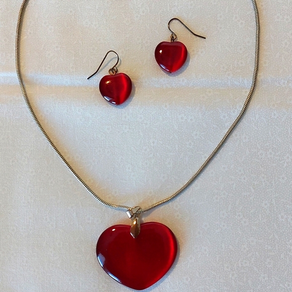 Red Heart Pendant Necklace and Earrings Set - Picture 2 of 3